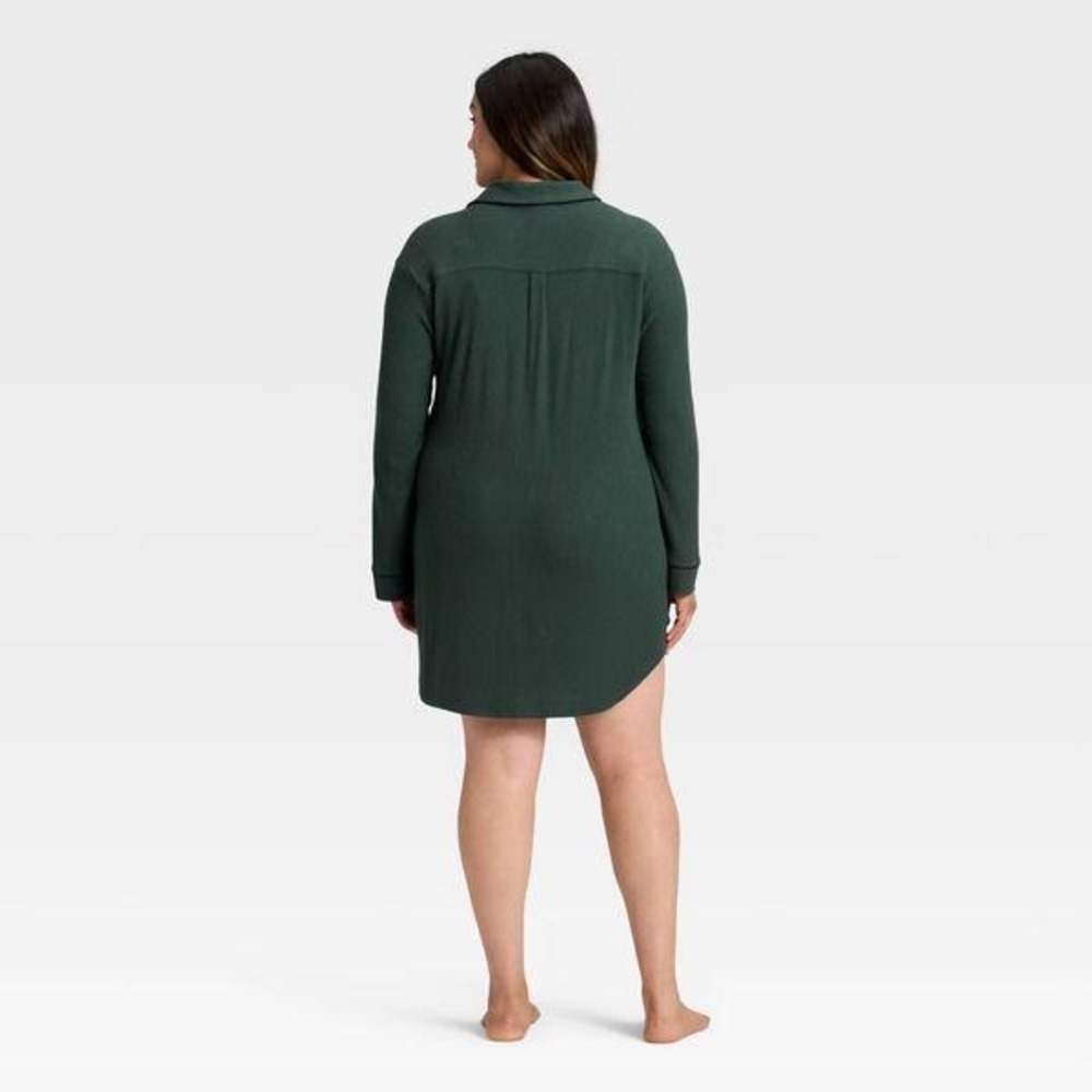 Auden Womens 2X Forest Green Ribbed Button Up Long Sleeve Nightgown Sleep Shirt - Picture 3 of 6